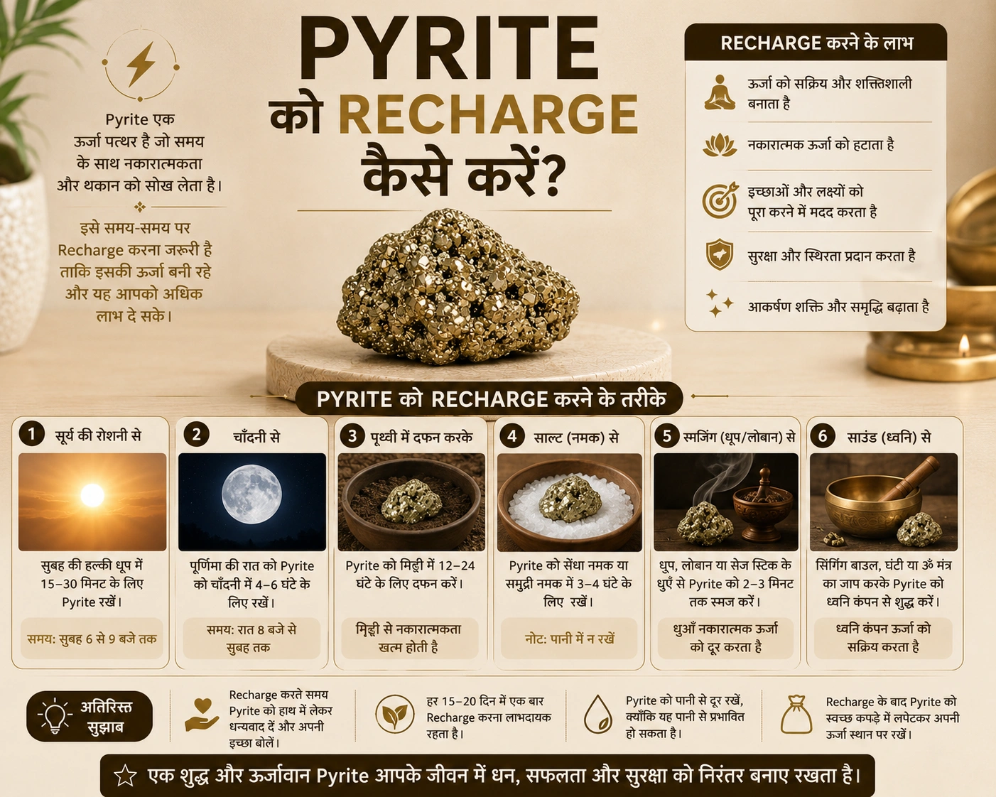 Pyrite stone ko recharge kaise karein — sunlight moonlight salt smudging sound methods guide | Suyagya